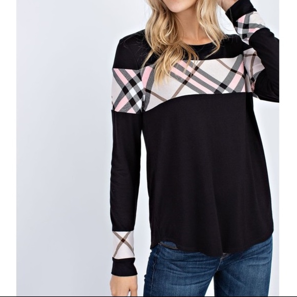 NWT  Long Sleeve Top w/Plaid Detail - Picture 3 of 3